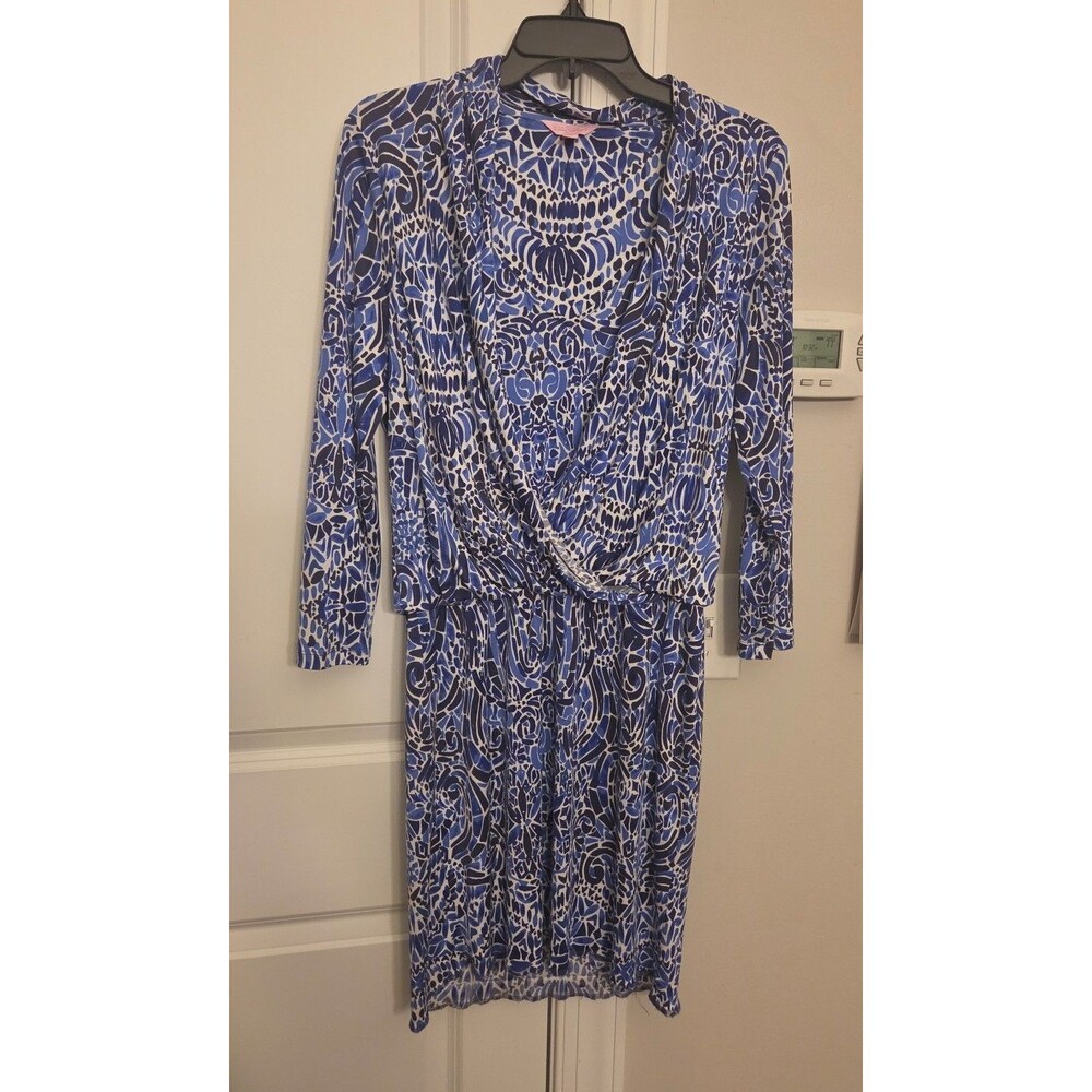 Lilly Pulitzer "Felizia" Silk Dress in "Taverna Tile Allover" Longsleeves Size M